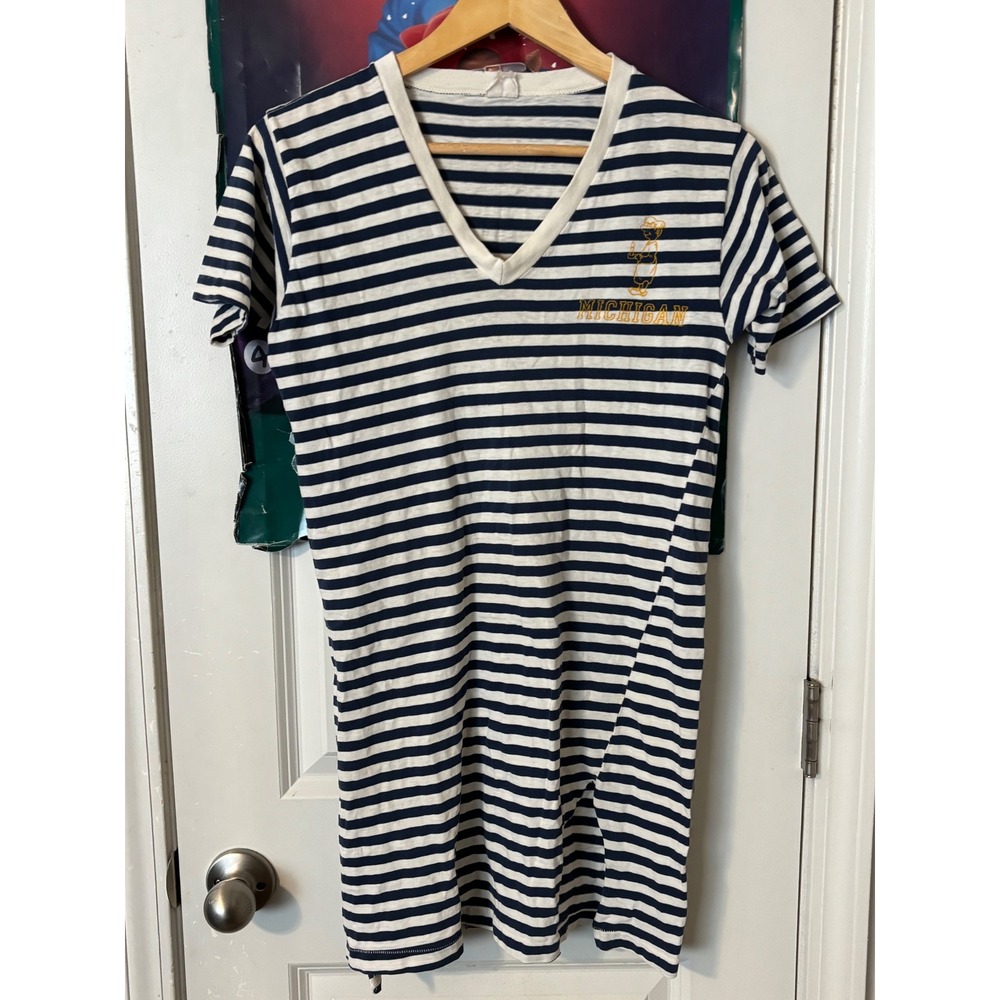 Vintage Michigan Wolverines Striped V-Neck T-Shirt Dress Navy Blue White Cotton
